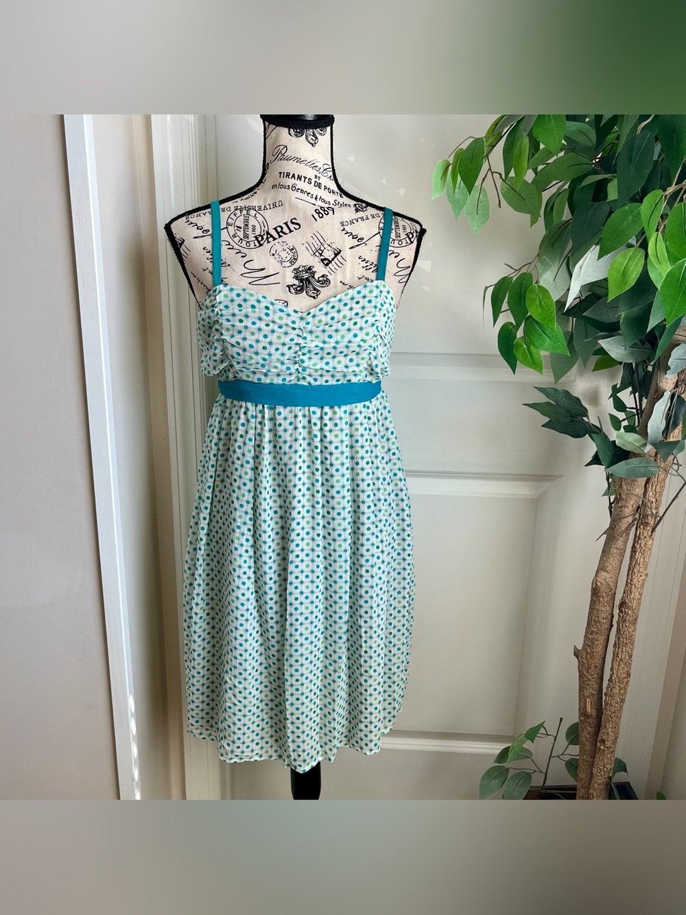 Guess Jeans Y2K Polka Dot Ruched Empire Waist Dress Green Sz XL